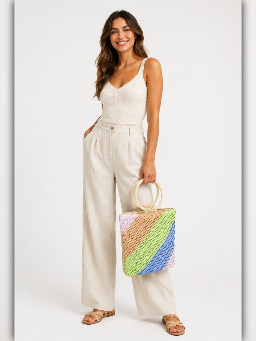 A449 • Pastel Rainbow Woven Paper Straw Ring Handle Tote - Picture 4 of 4